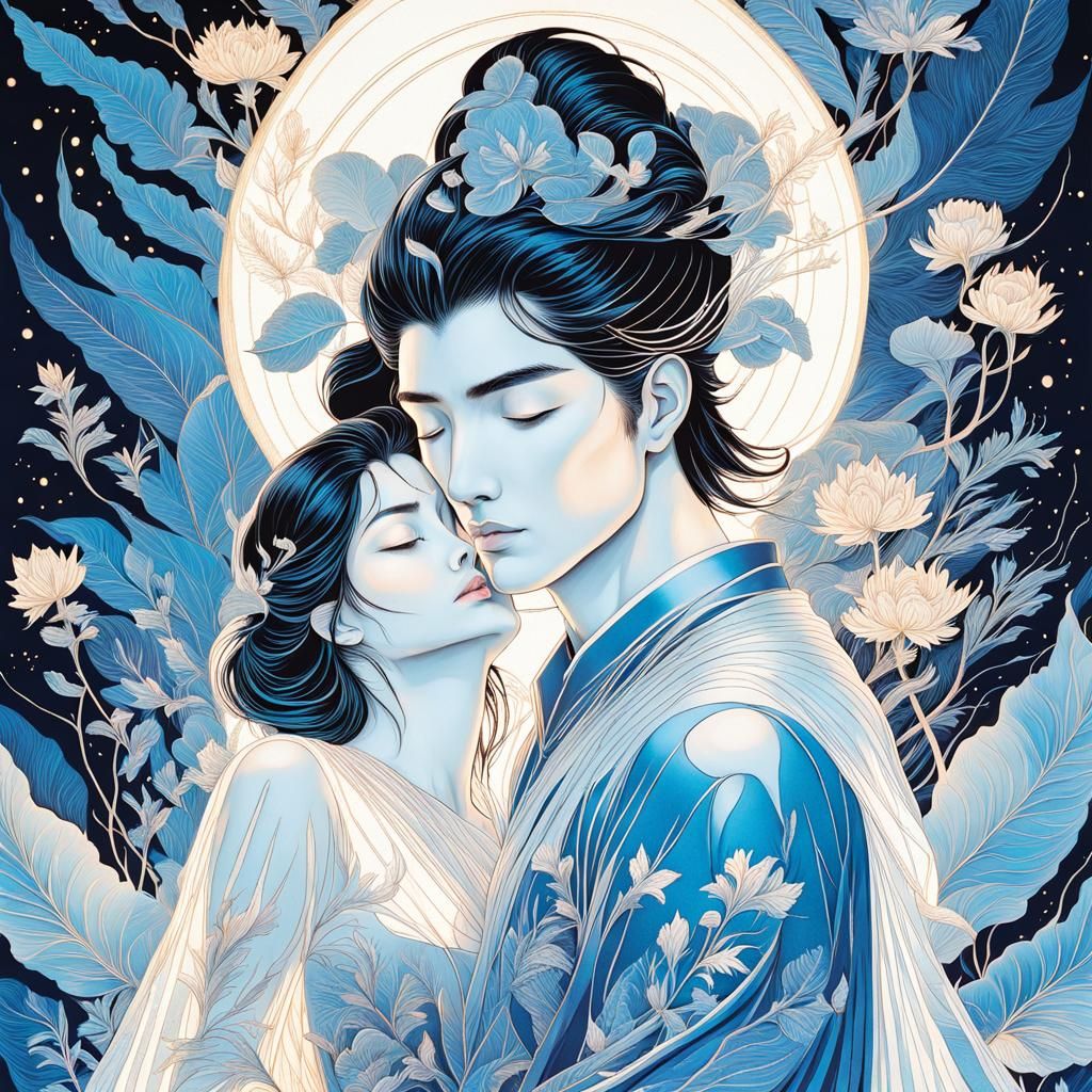 Sensual Kiss in Bioluminescent Garden, Detailed Illustration