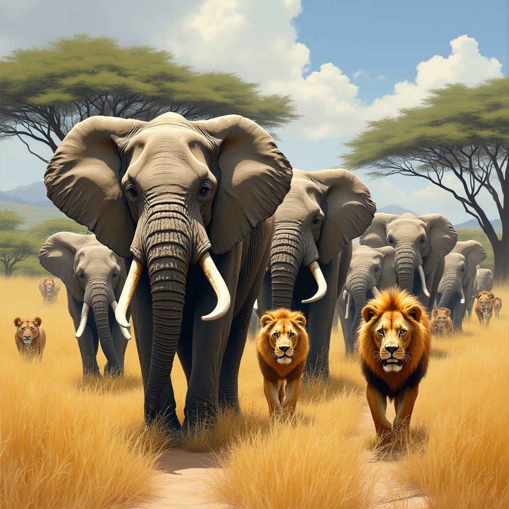 Elephants and Lions Roam the African Savannah