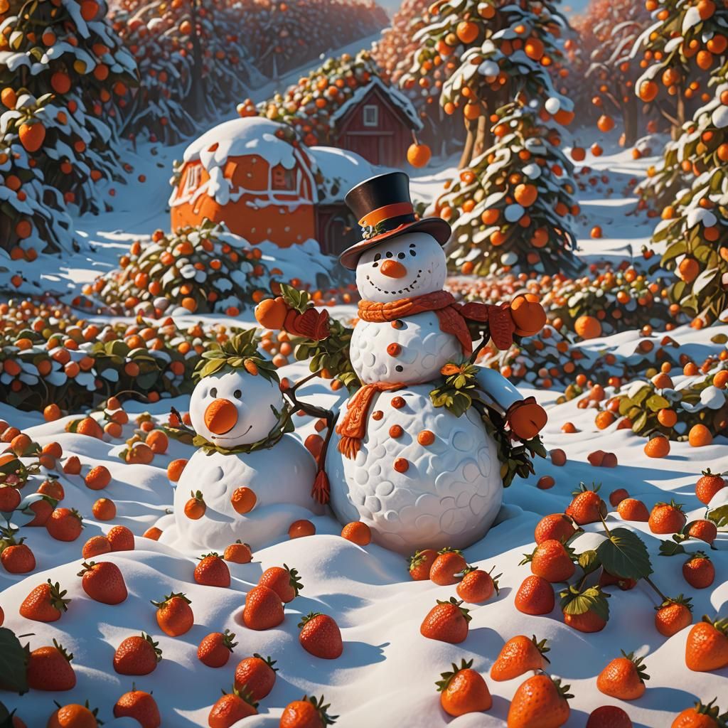 Gigantic Cheerful Snowman in Strawberry Field, Fantasy Art