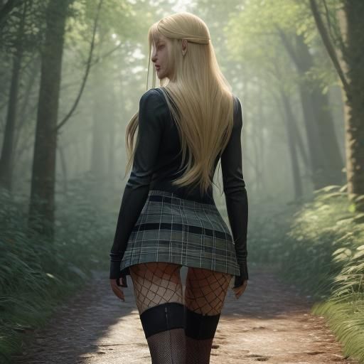 Woman Walking on Forest Path, Detailed Art