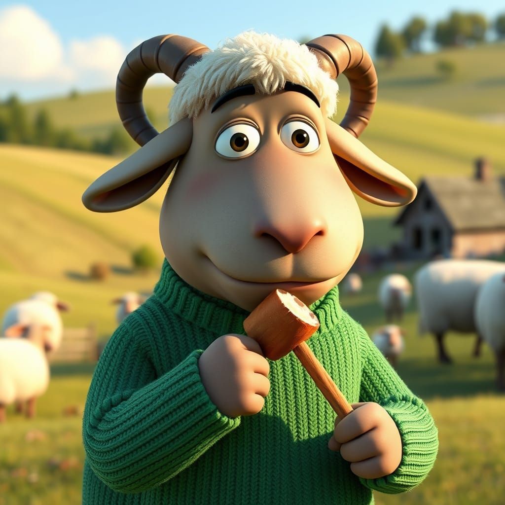 Animated Clay Sheep Eating Drumstick in Farm Setting