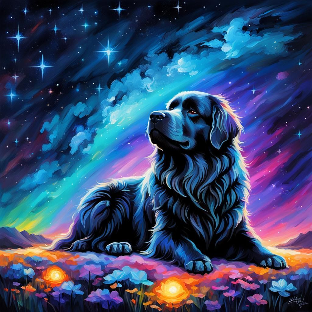 Newfoundland Dog Napping Under Neon Night Sky