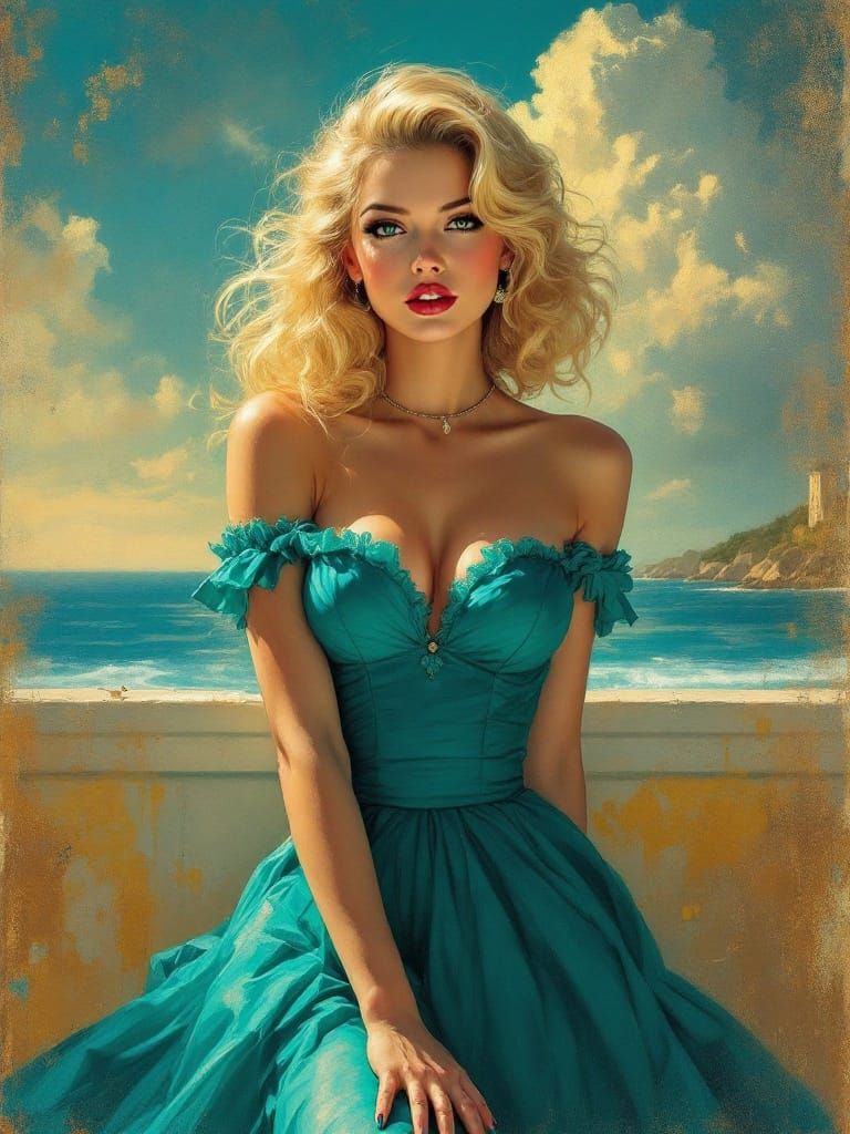 Confident 1950s Pin-Up in Impressionist Style