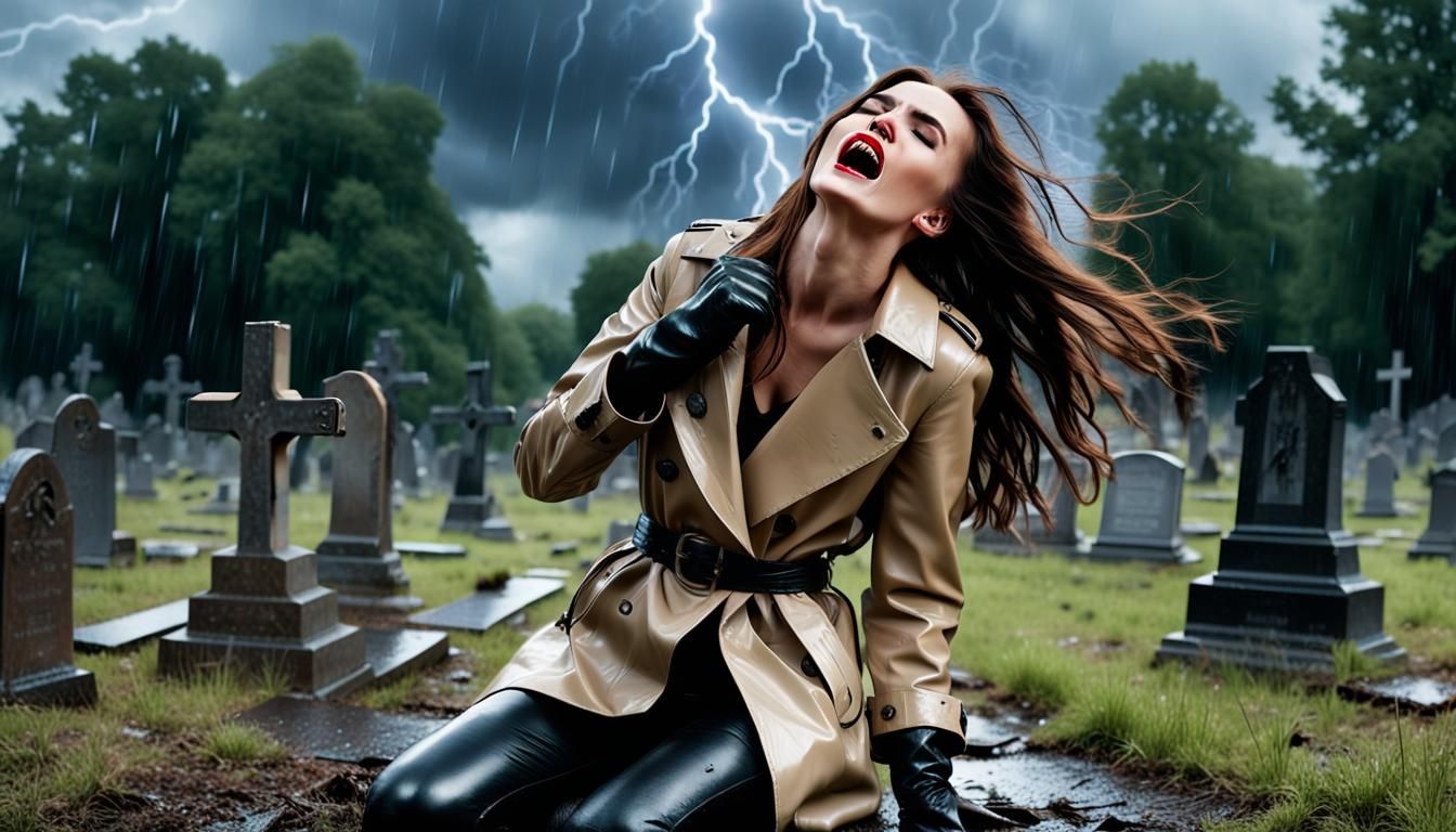 Terrified Woman in Cemetery During Storm