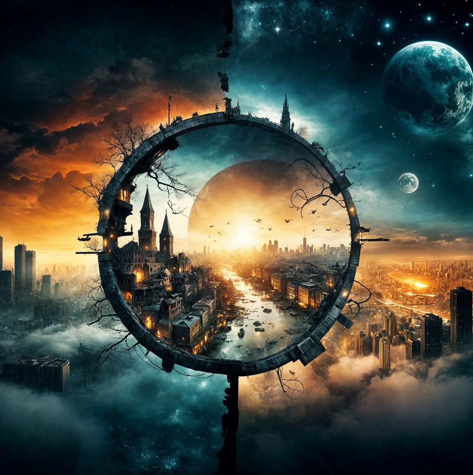 Surreal Cityscape Transition in Fantasy Stargate
