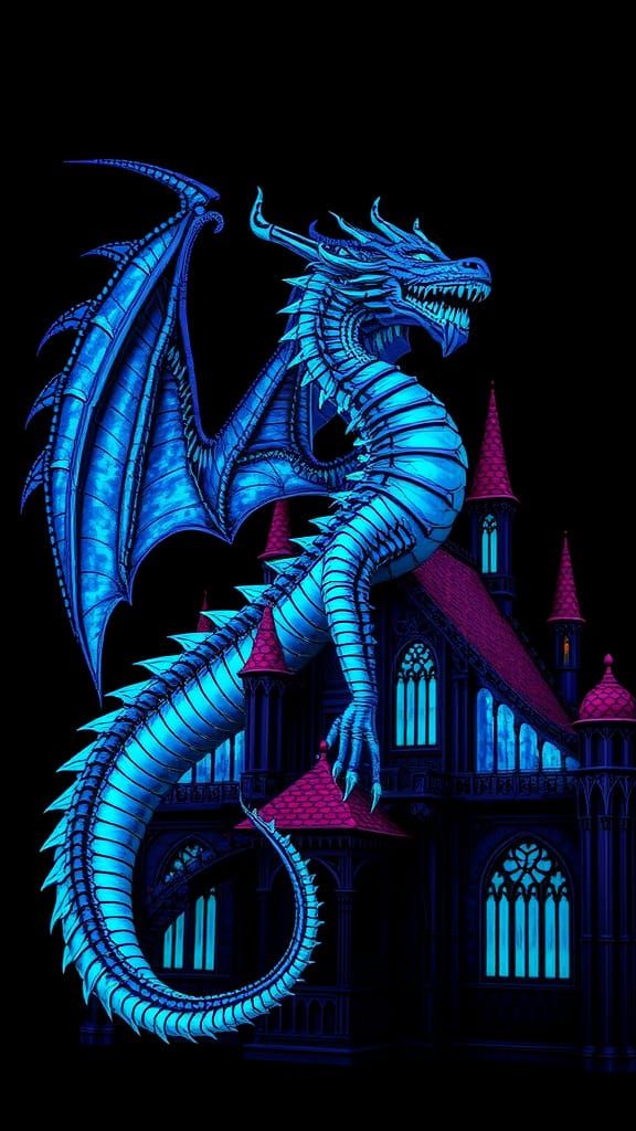 Ethereal Dragon Embraces Dark, Gothic Castle in Neon-Lit, Cy...