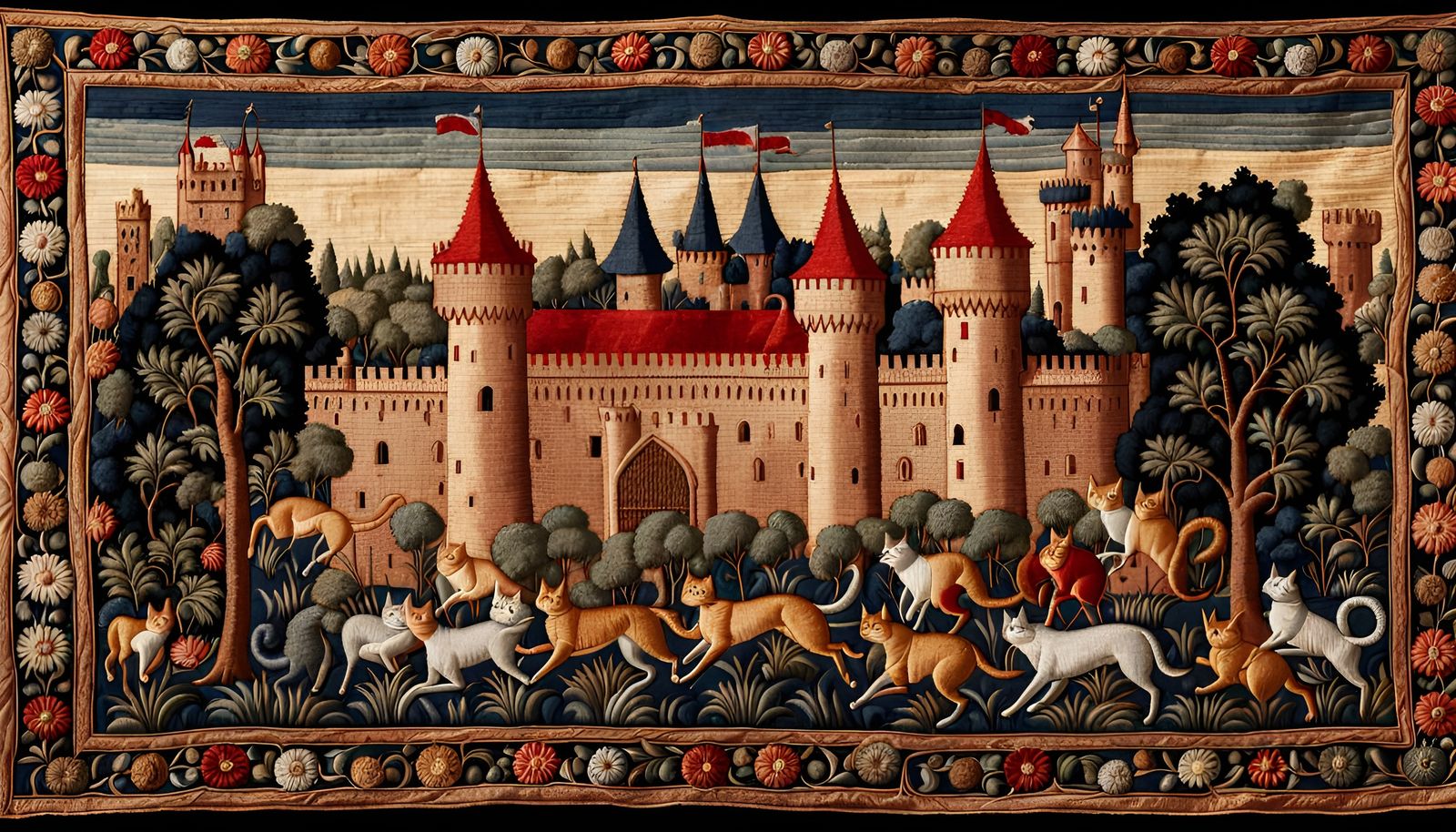 Medieval Cat Tapestry in Embroidered Style