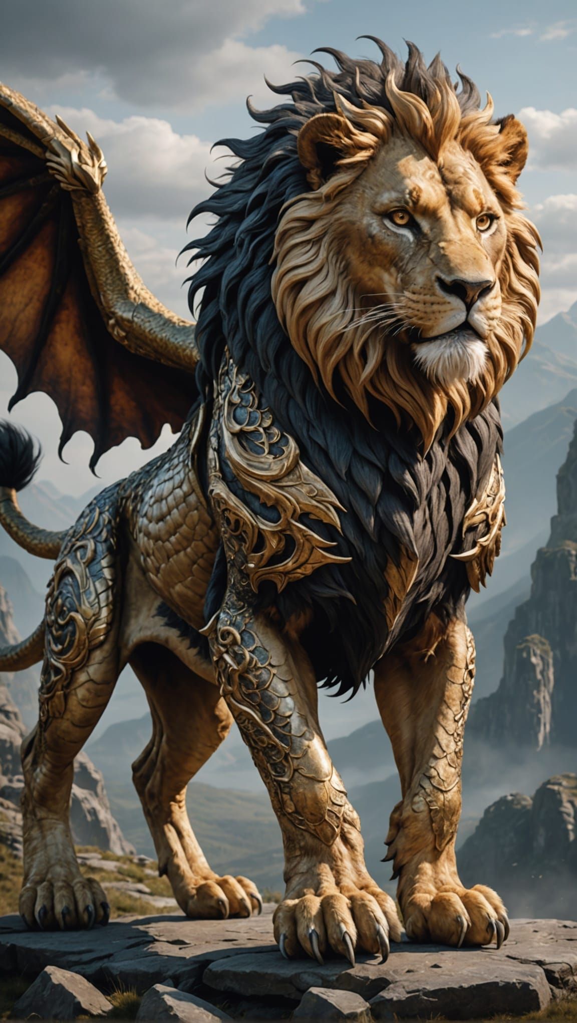 Majestic Lion-Dragon Hybrid in Mythological Landscape