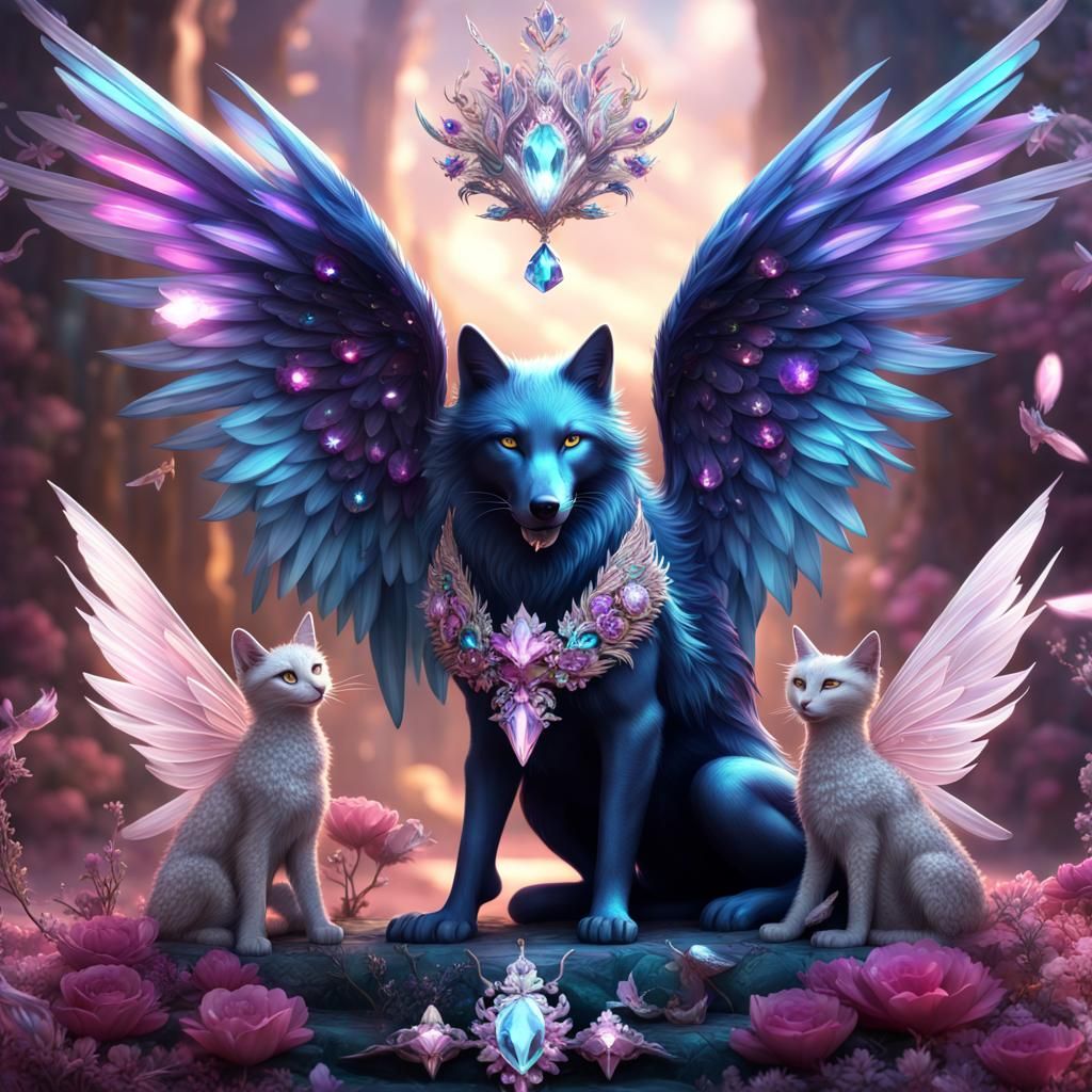 Jeweled Diamond Angel, Wolf, and Peacock Fantasy