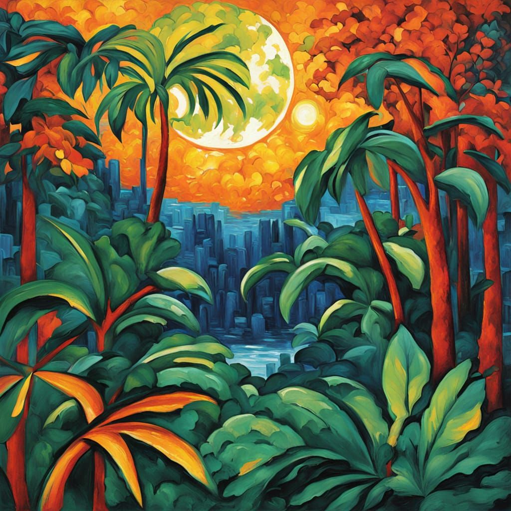 Neo-Impressionist Jungle Moon Painting with Vibrant Colors