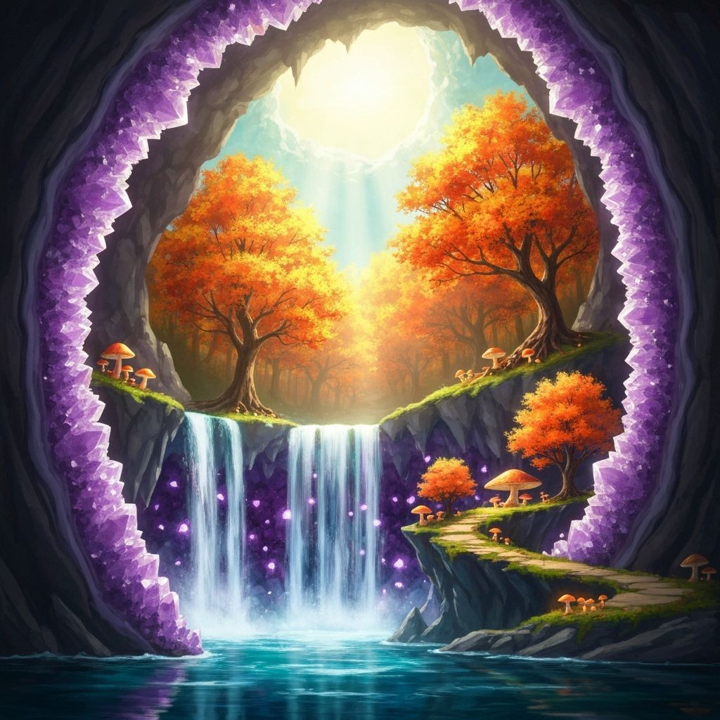 Crystal Geode Waterfall with Autumn Forest Inside
