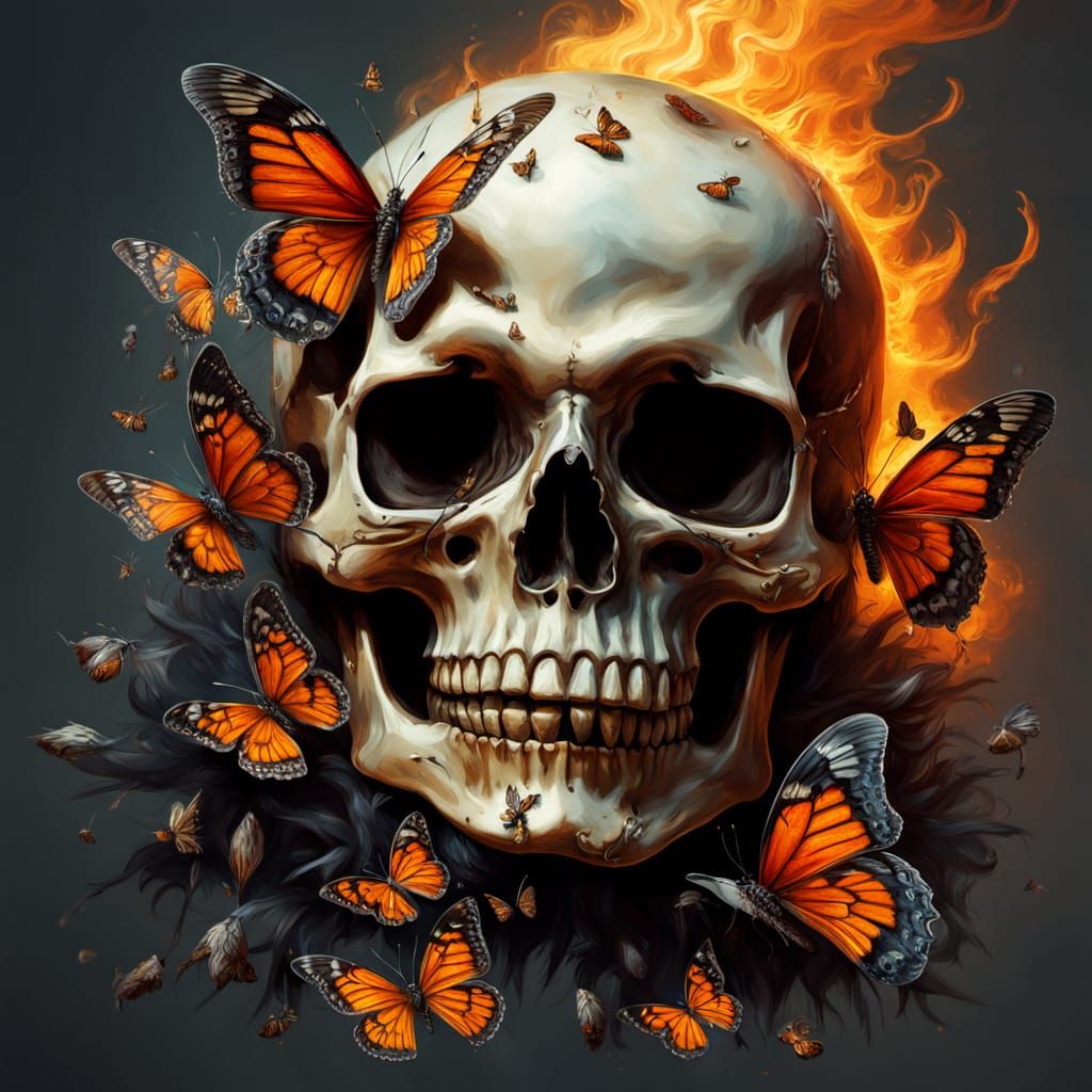 Baroque Skull Breaks Apart in Golden Light, Releasing Butter...