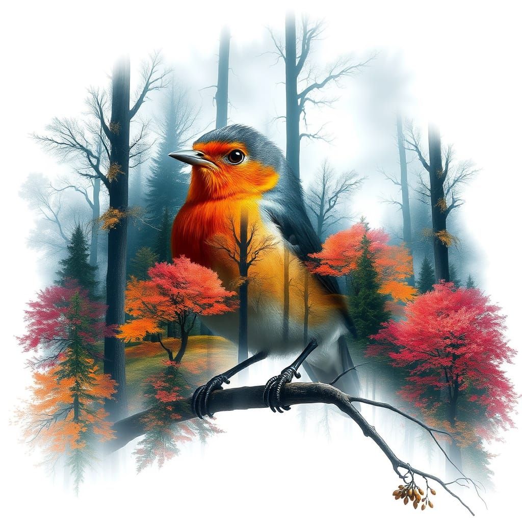Robin in Thunder Forest: Surreal Digital Painting