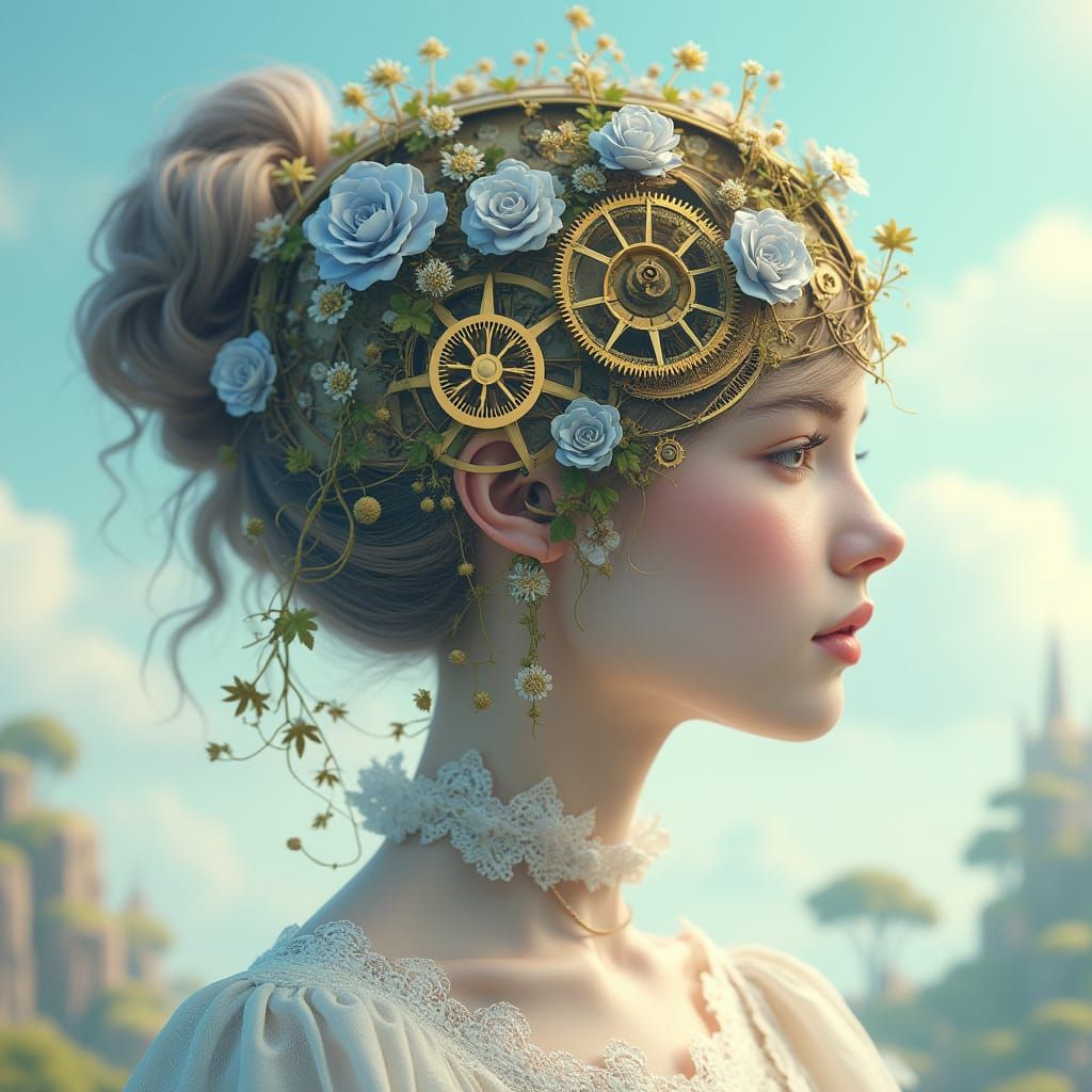 Surreal Clockwork Goddess in Dreamy Digital Art