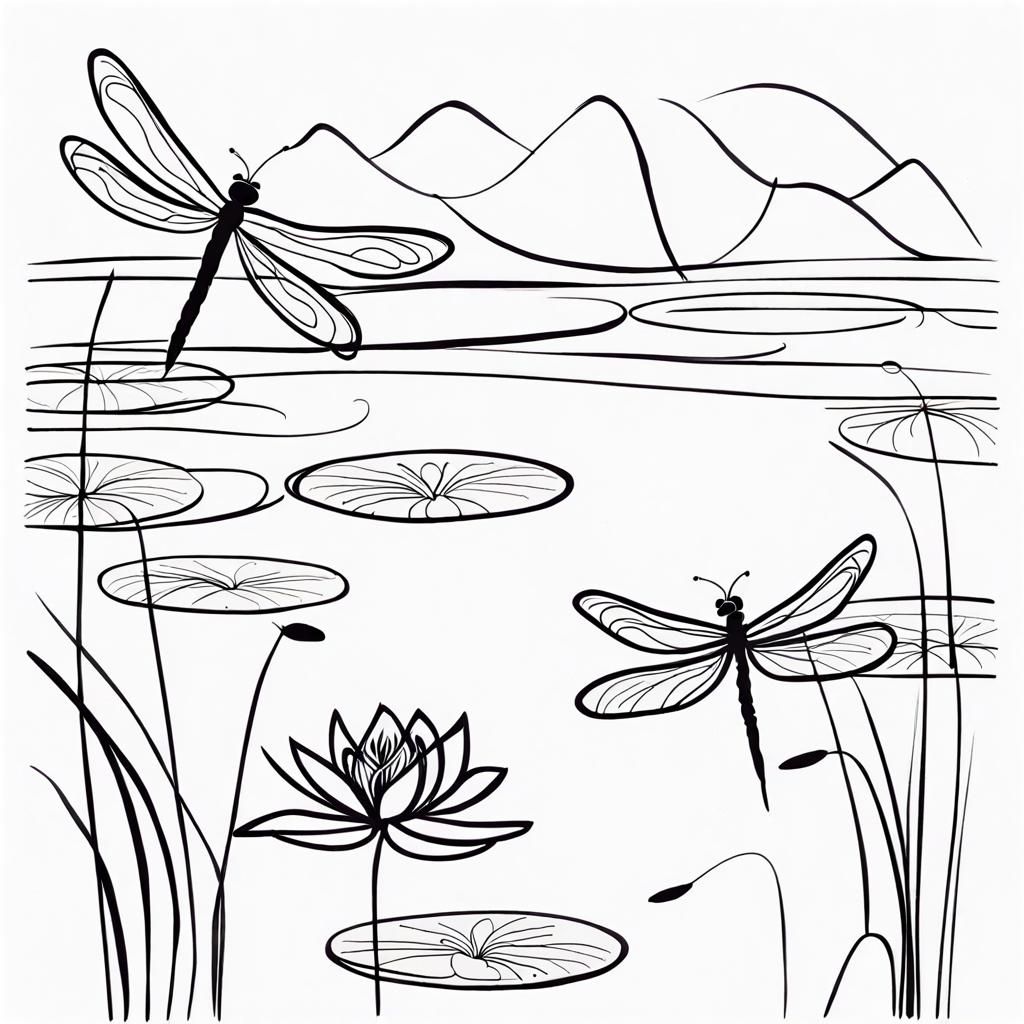 Minimalist Line Art: Water Lilies and Dragonflies