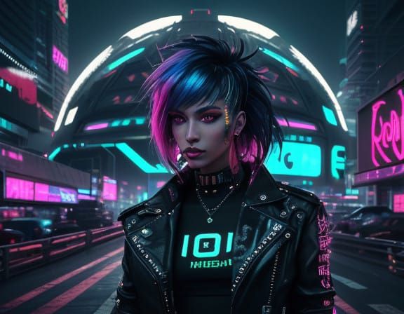 Cyberpunk Goddess with Neon Tattoos and Metallic Attire