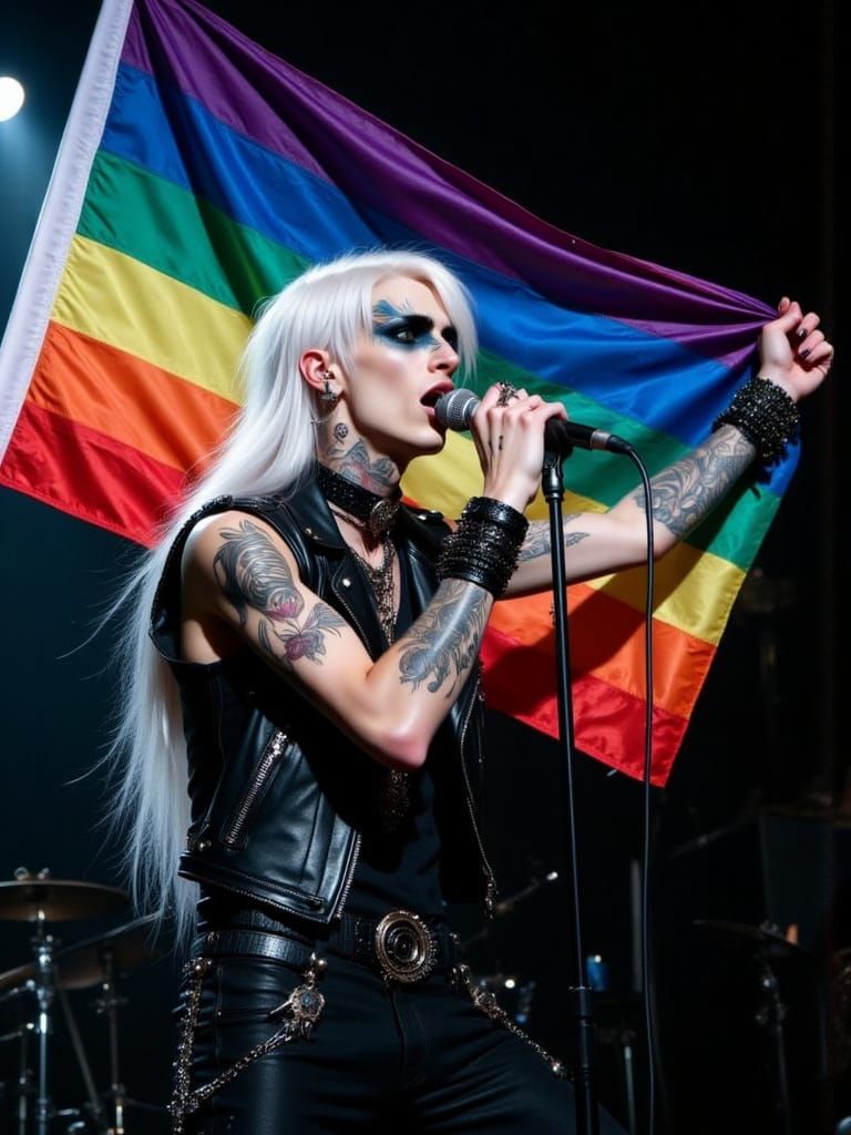 Goth Metalhead Sings with Rainbow Flag in Renaissance Style