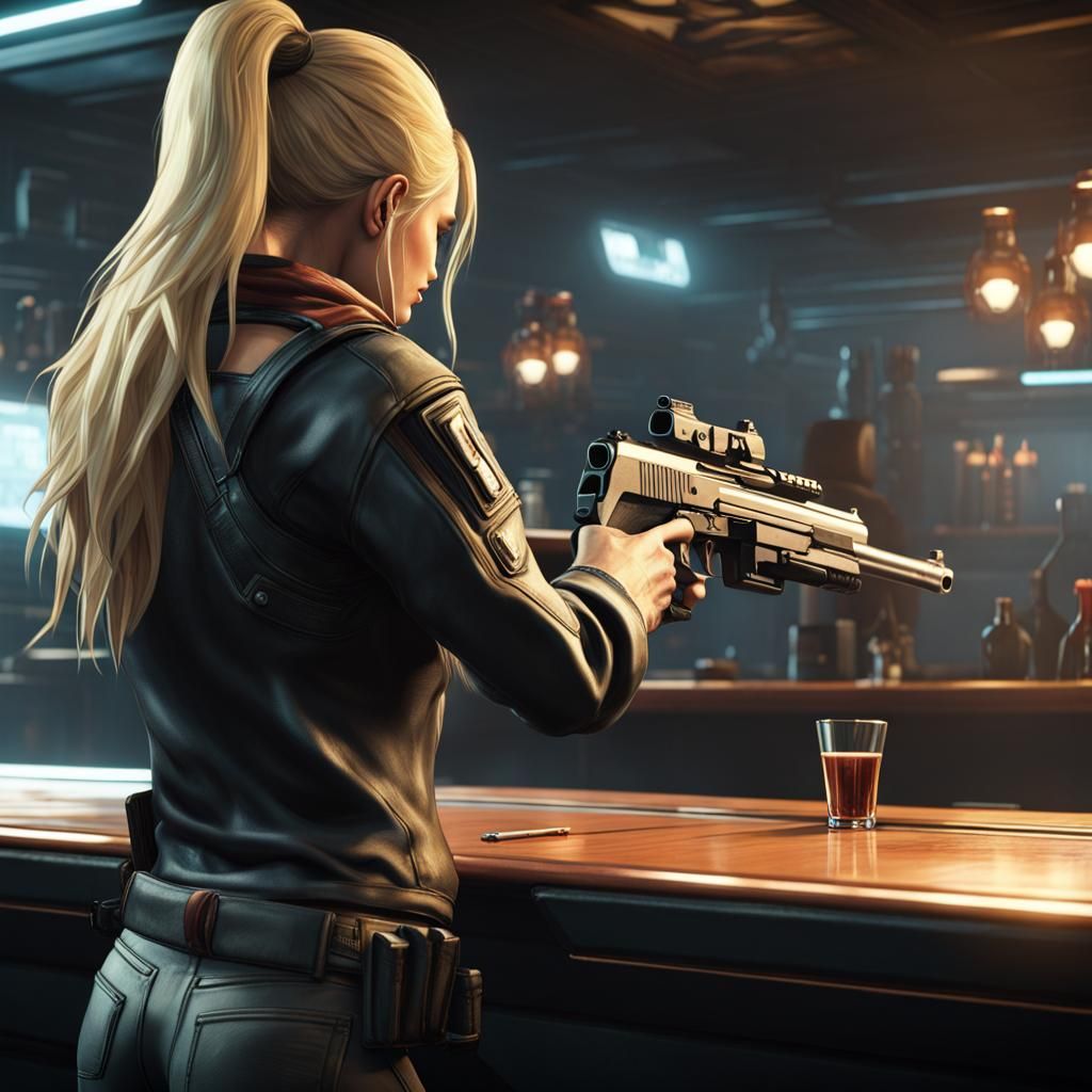 Star Citizen Woman Shooting Gun in Bar