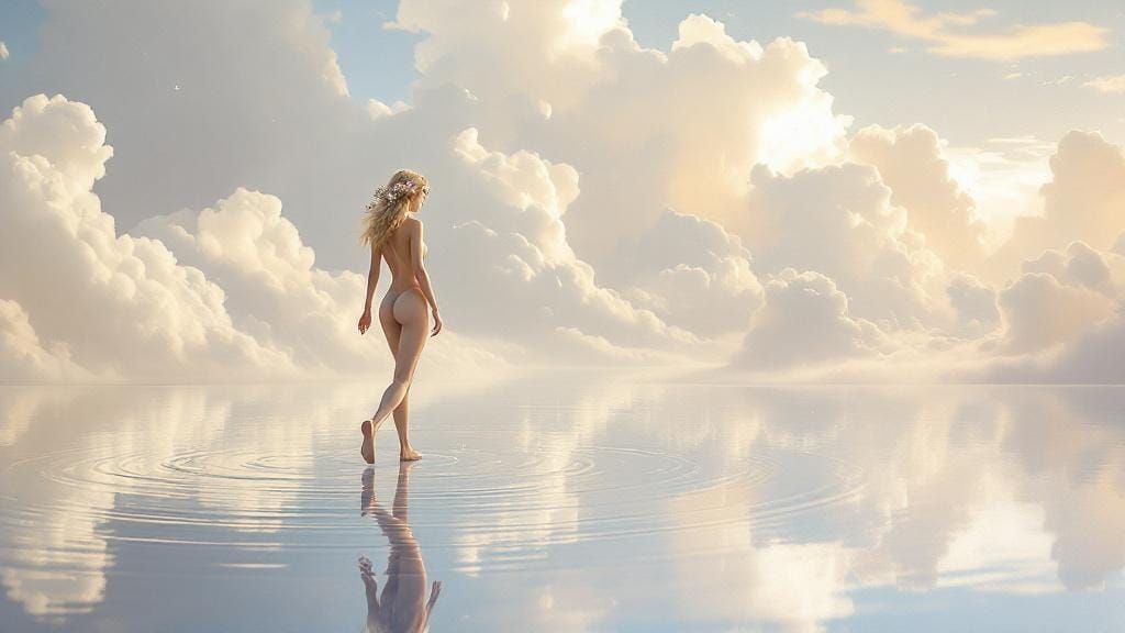 Elegant Woman Adorned with Flowers in Dreamlike Reflection