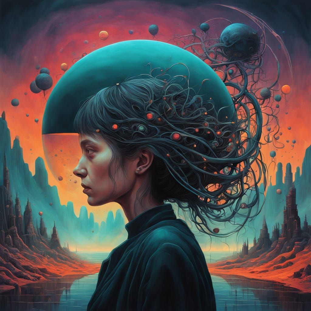 Surreal Woman Surrounded by Dreamlike Projections in a Fanta...