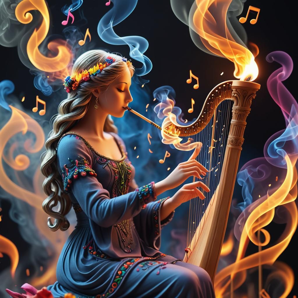 a smoke harpist surrounded by musical notes