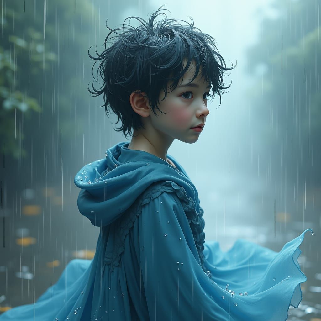 Mystical Boy Embodiment of Rain in Matte Painting Style