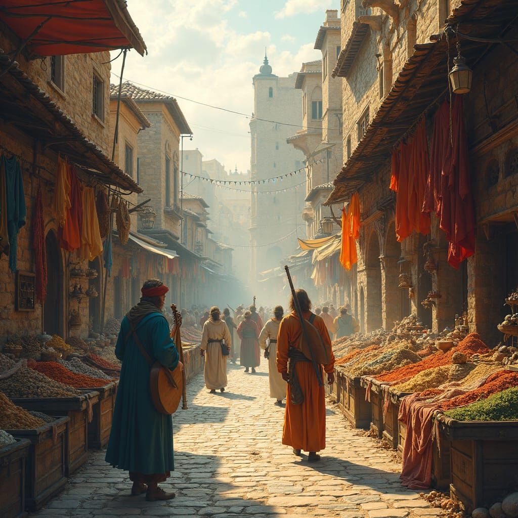 Medieval Marketplace at Dawn in Vibrant Historical Illustrat...
