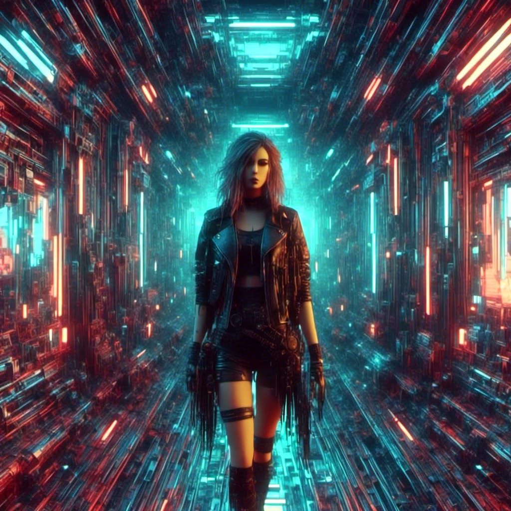 Cyberpunk Woman Exiting Spaceship with Glitch Effects