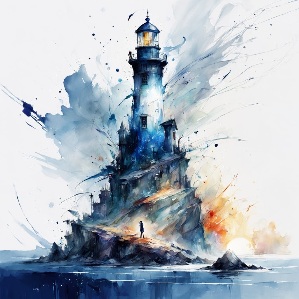 Enchanted Sapphire Lighthouse in Watercolor Style