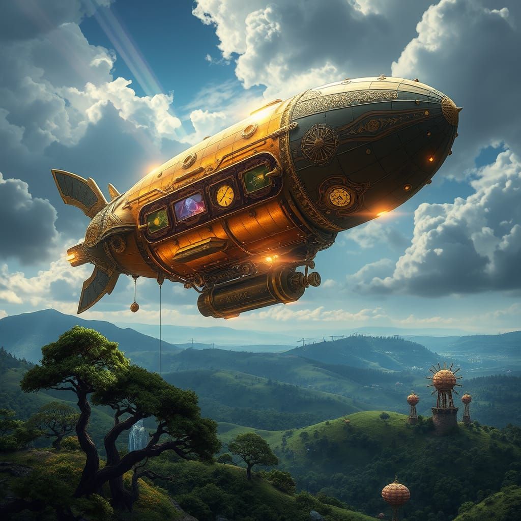 Steampunk Airship Bunny Soars Through Whimsical Cloudscape