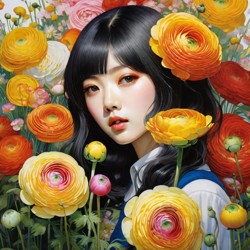 Ranunculus Watercolor Portrait in Detailed CGI Style