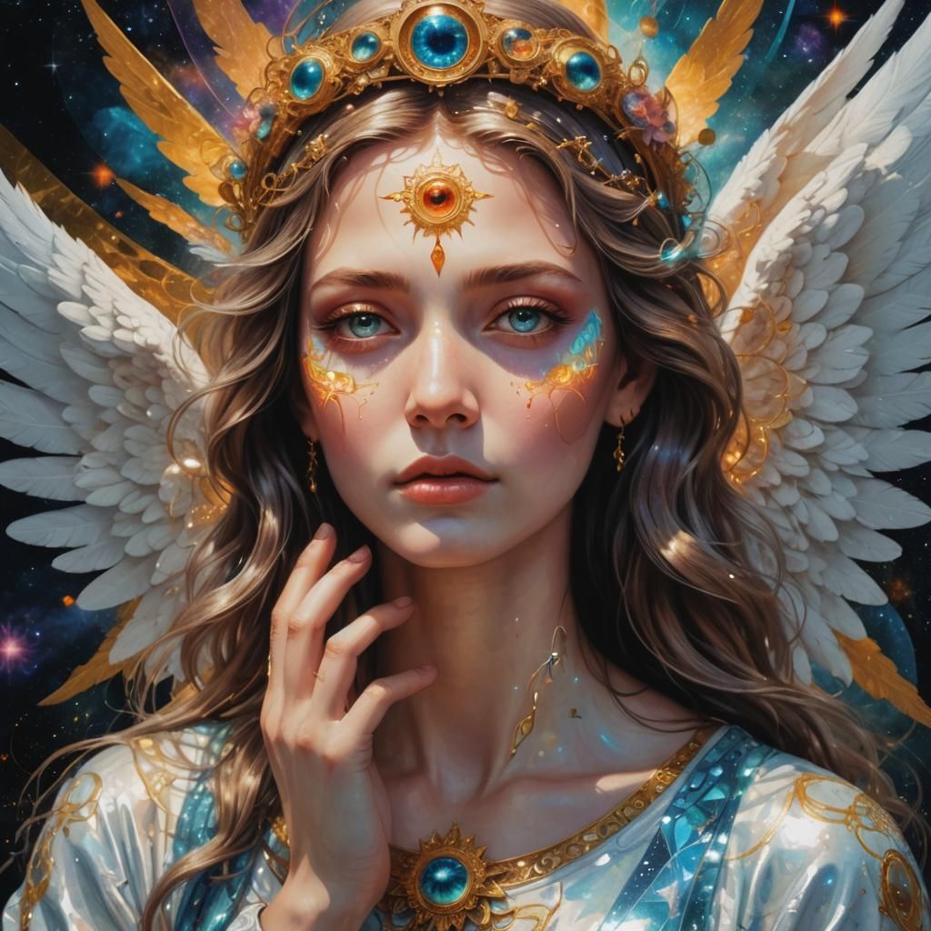 Angel Massaging Third Eye: Holographic Cosmic Illustration