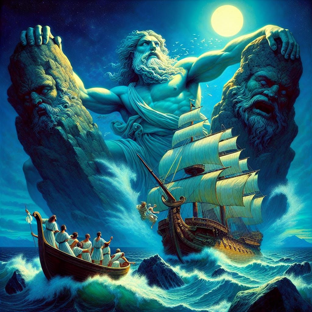 Aquamarine Sea God Halts Crashing Rocks