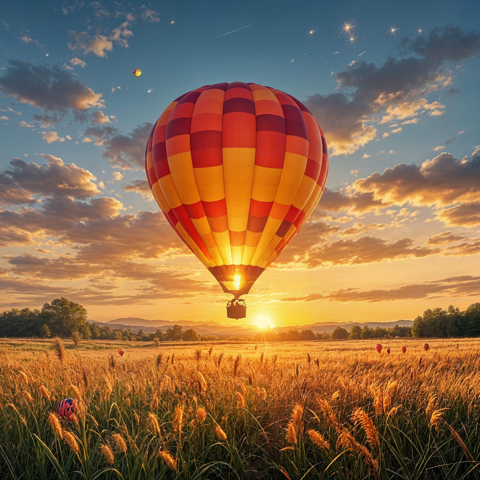 Hot Air Balloon Descends into Sunset Meadow