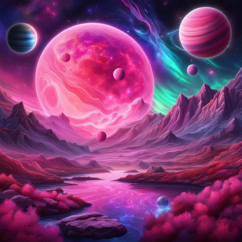 Pink Aurora Borealis in Cosmic Starry Sky