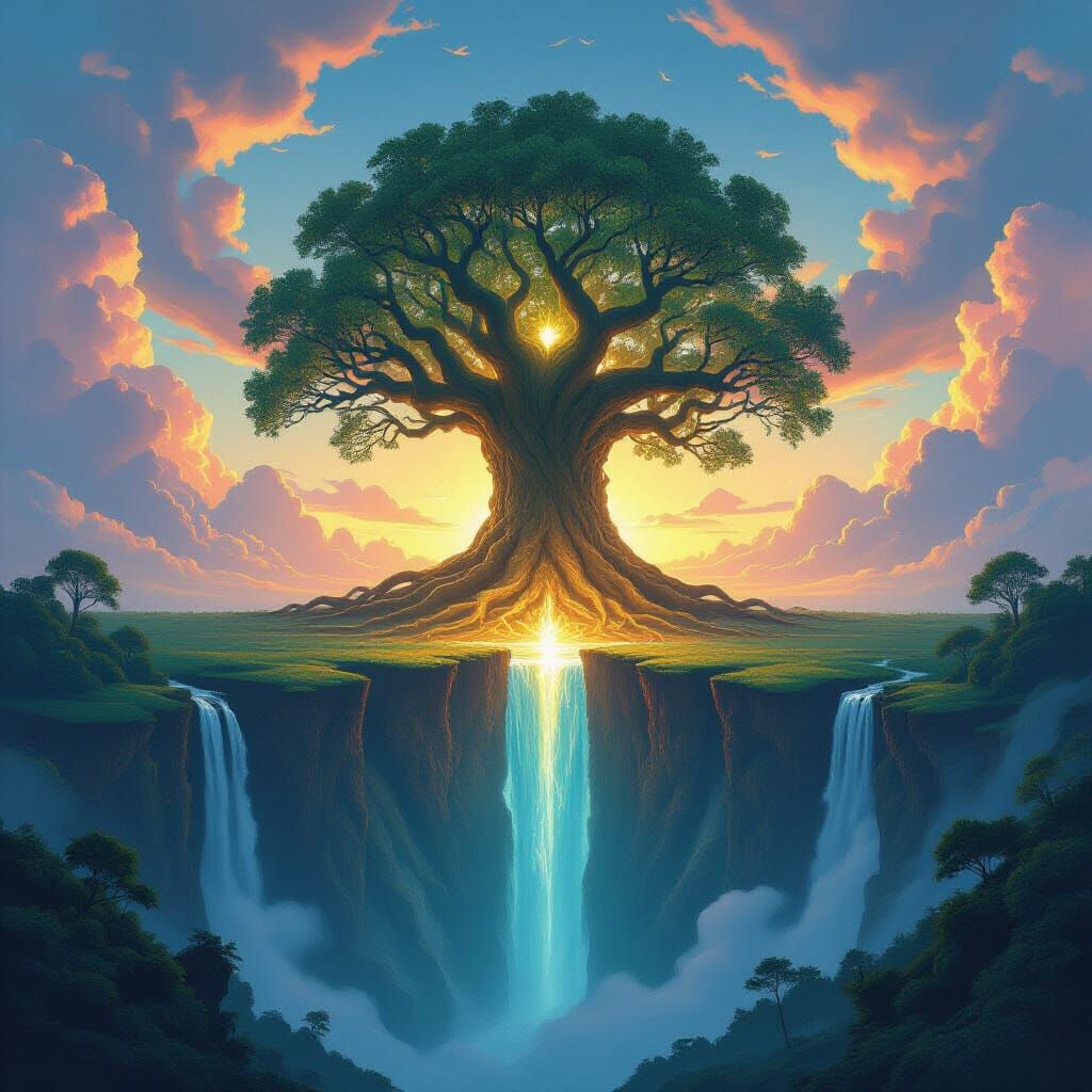 Fantasy World Divided by Fissure with Glowing Tree of Life
