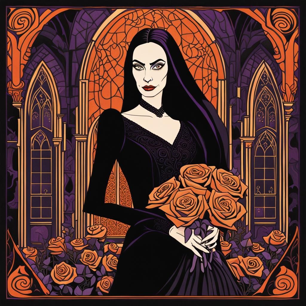 Morticia Addams in Gothic Wedding, Milton Glaser Style