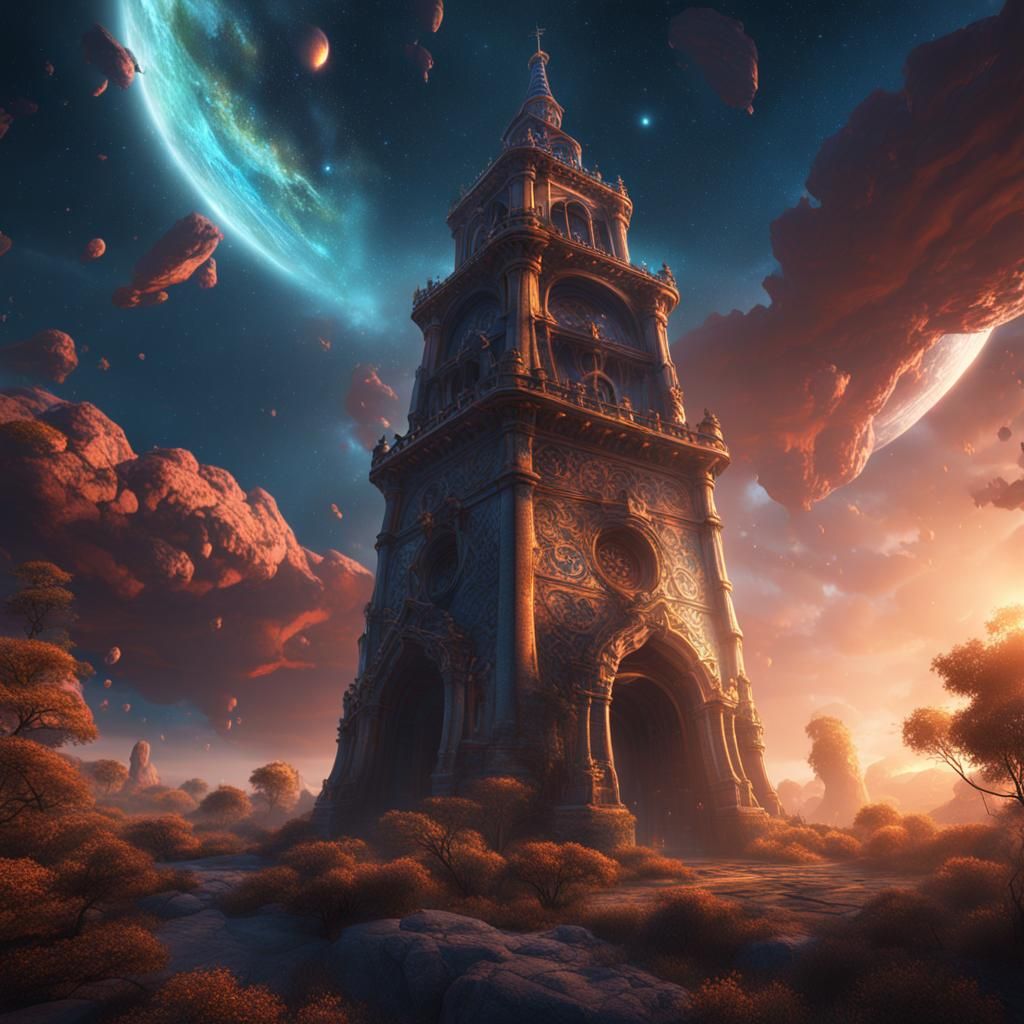 Fantastical Cosmic Bell Tower in Deep Color