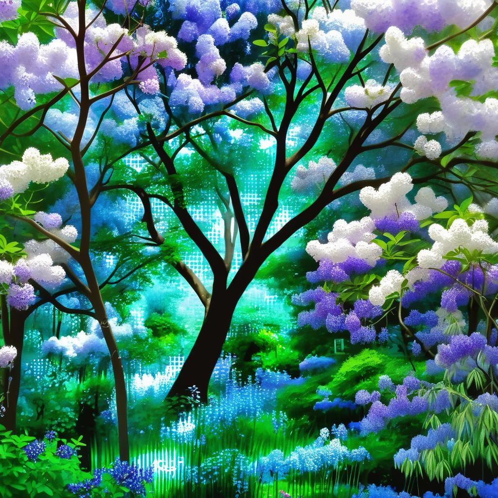 Creekside Wildflower Field Beneath Flowering Trees