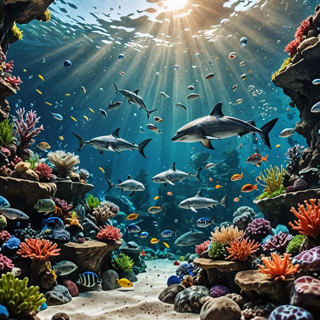 Lively Aquarium Scene with Diverse Marine Life