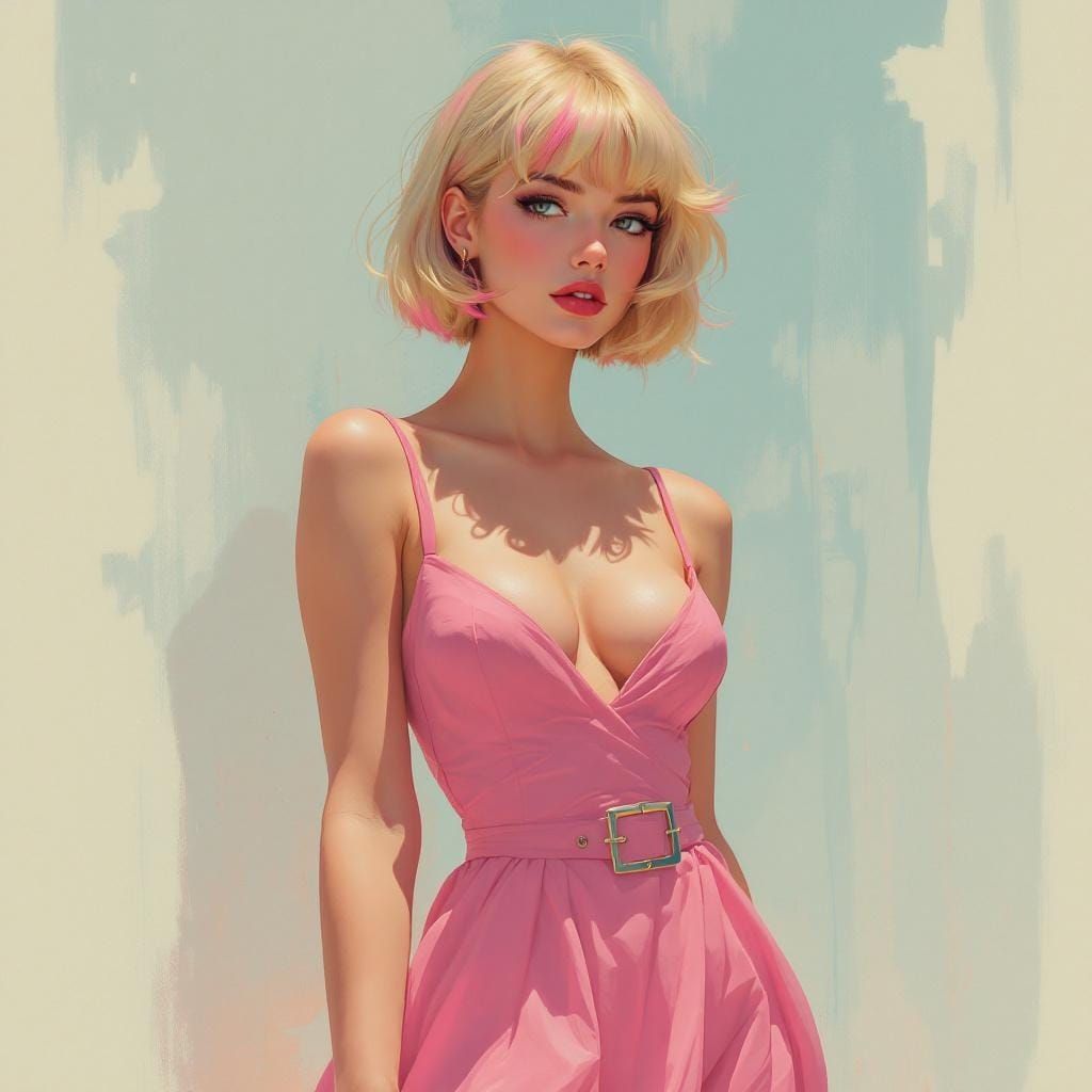 Pin-Up Woman with Pink Hair in Digital Painting Style