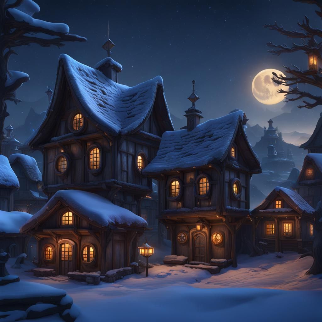 Night Winter Village in Matte Painting Style