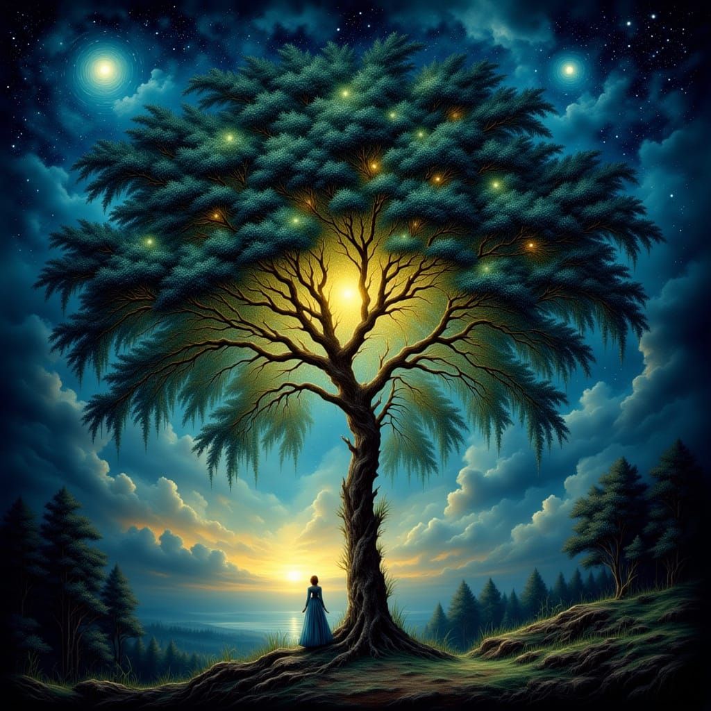 Starlit Forest Night with Luminous Ancient Tree