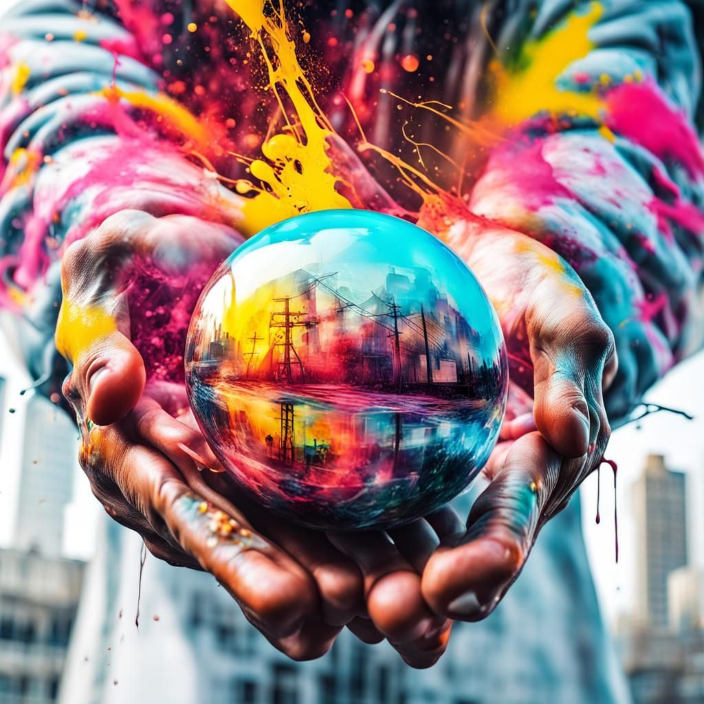 Double Exposure: Person and Energy Ball in Street Art