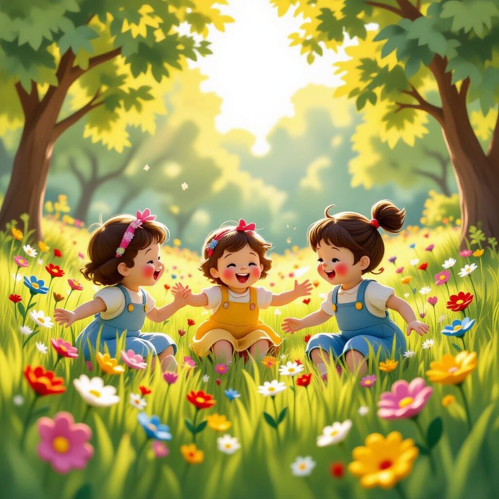 Children Play in Dreamlike Meadow of Swirling Paint