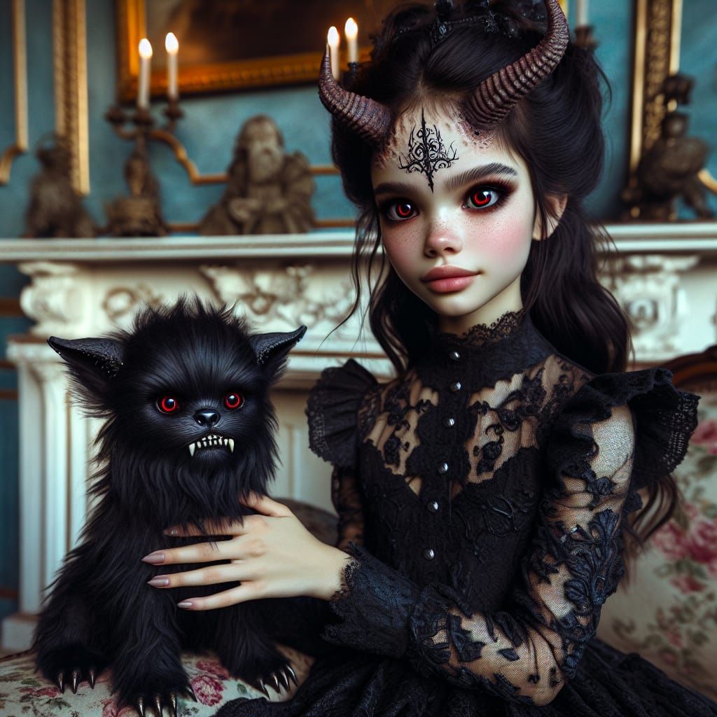 Underworld Princess with Demonic Puppy, Hyperrealistic Image