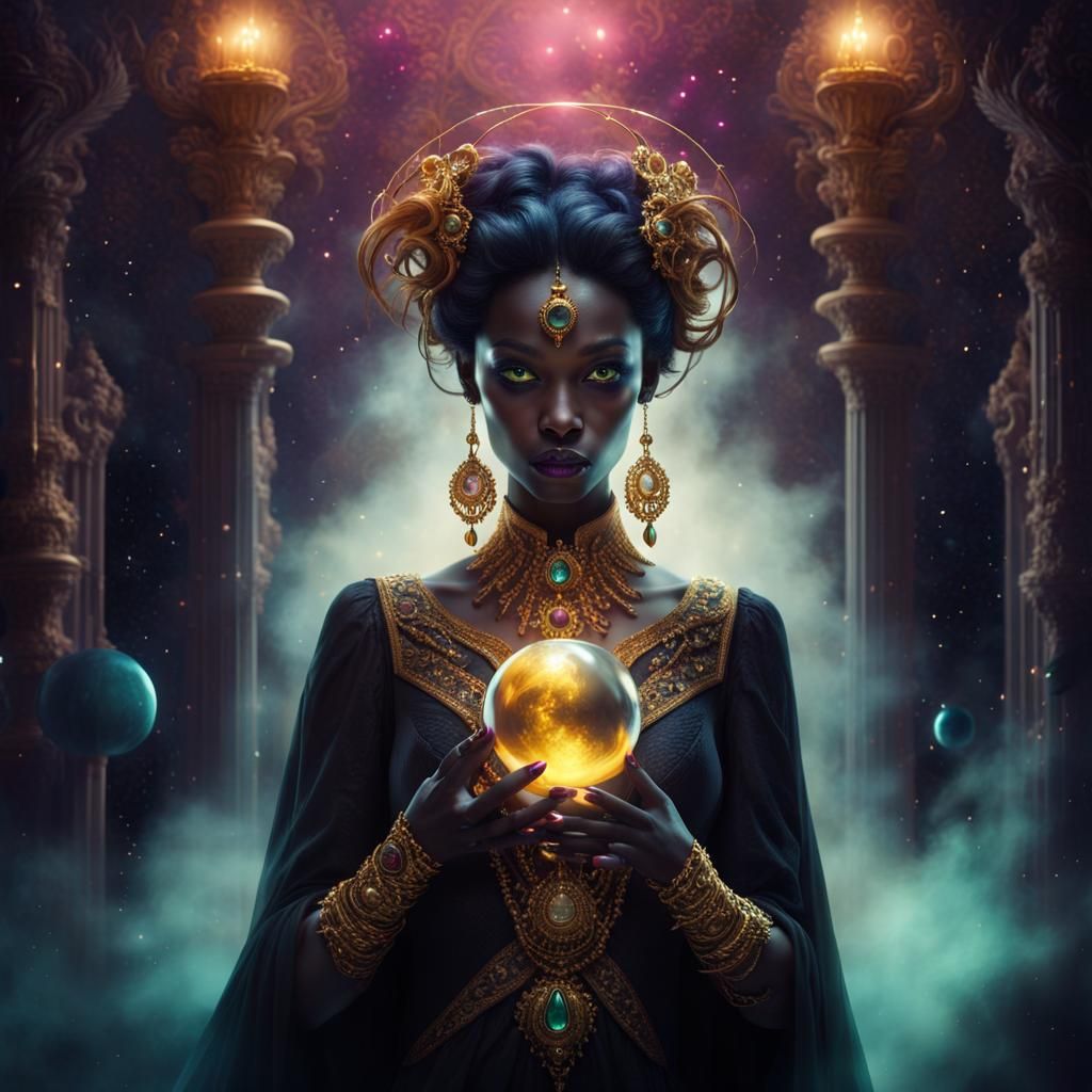 Enchantress of Dark Fabric with Gold Jewelry