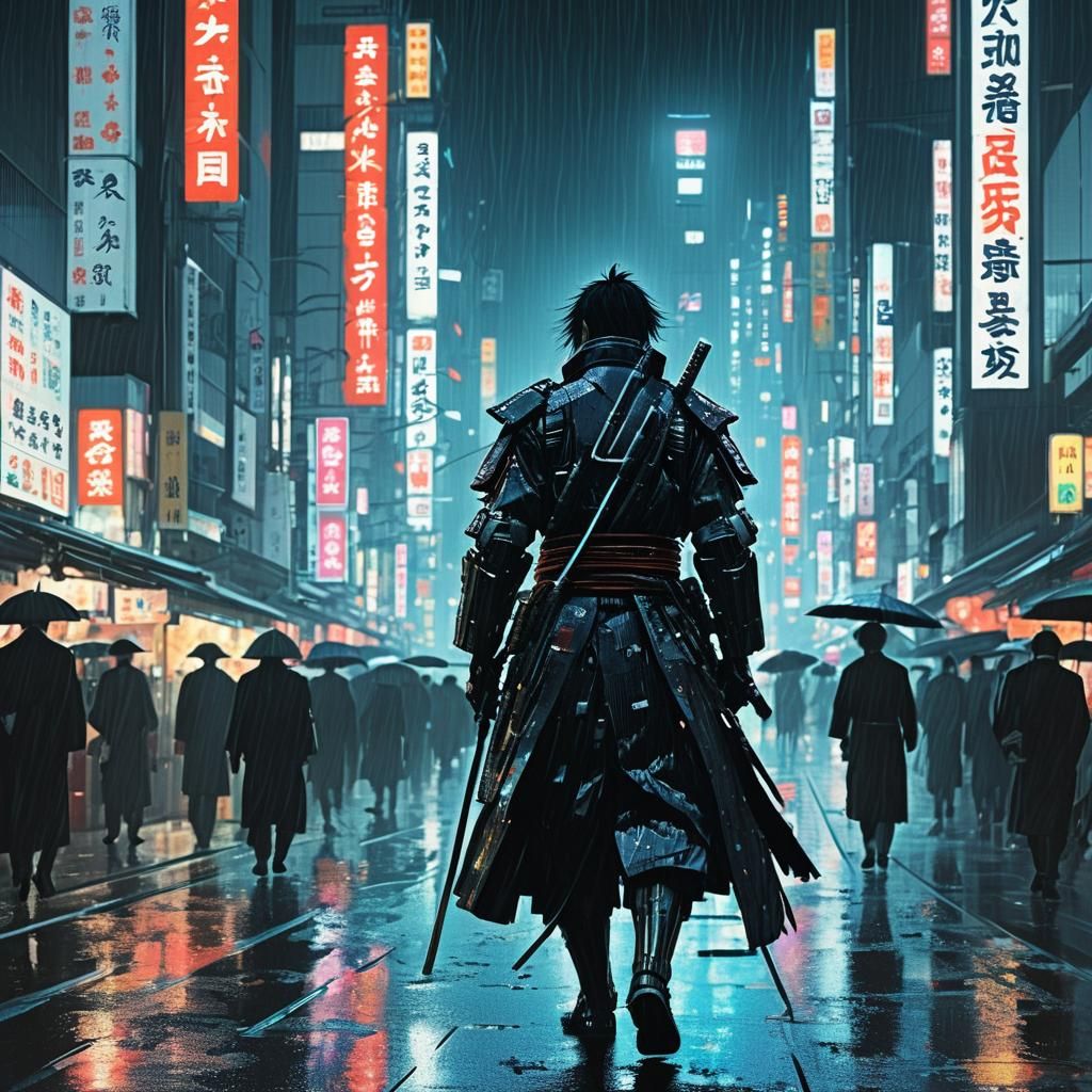 Cyberpunk Samurai Walking on Rainy Tokyo Street