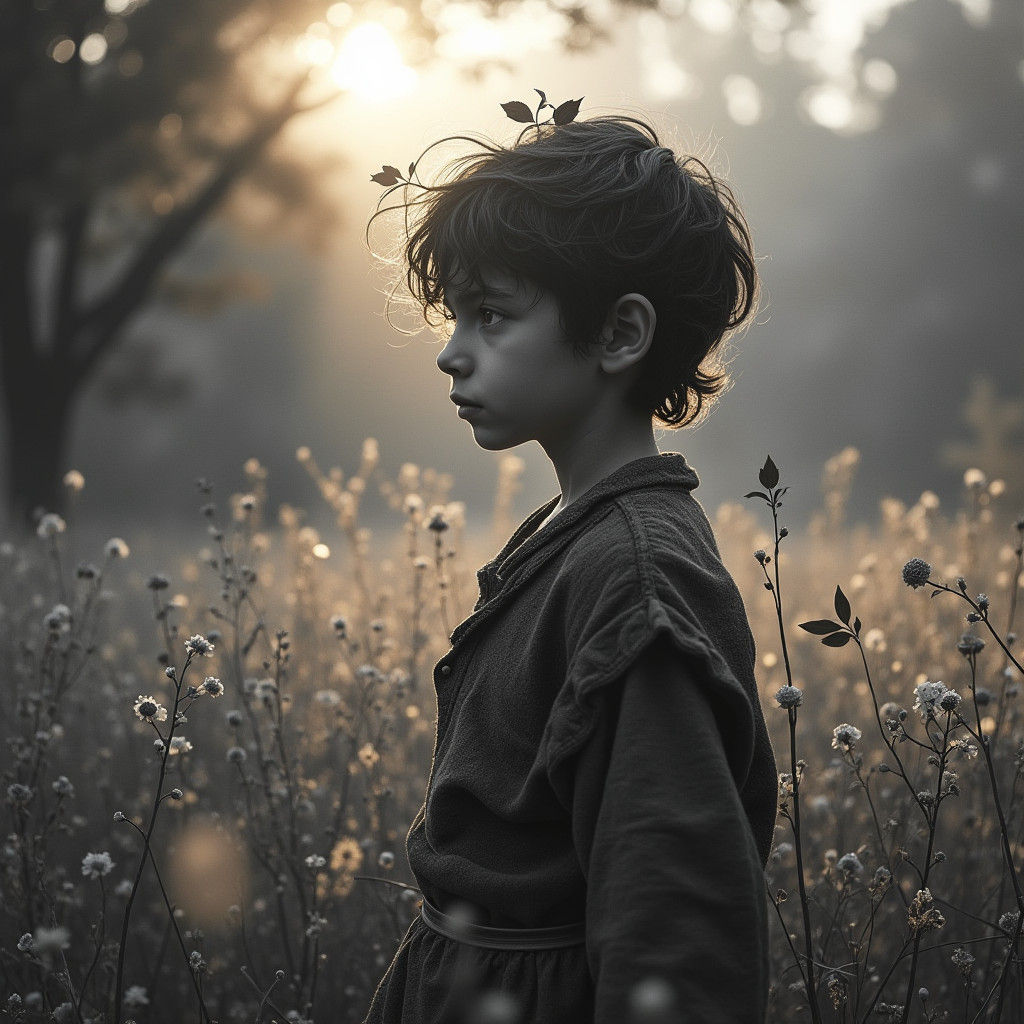 Boy in Black and White Meadow, Fantasy Art