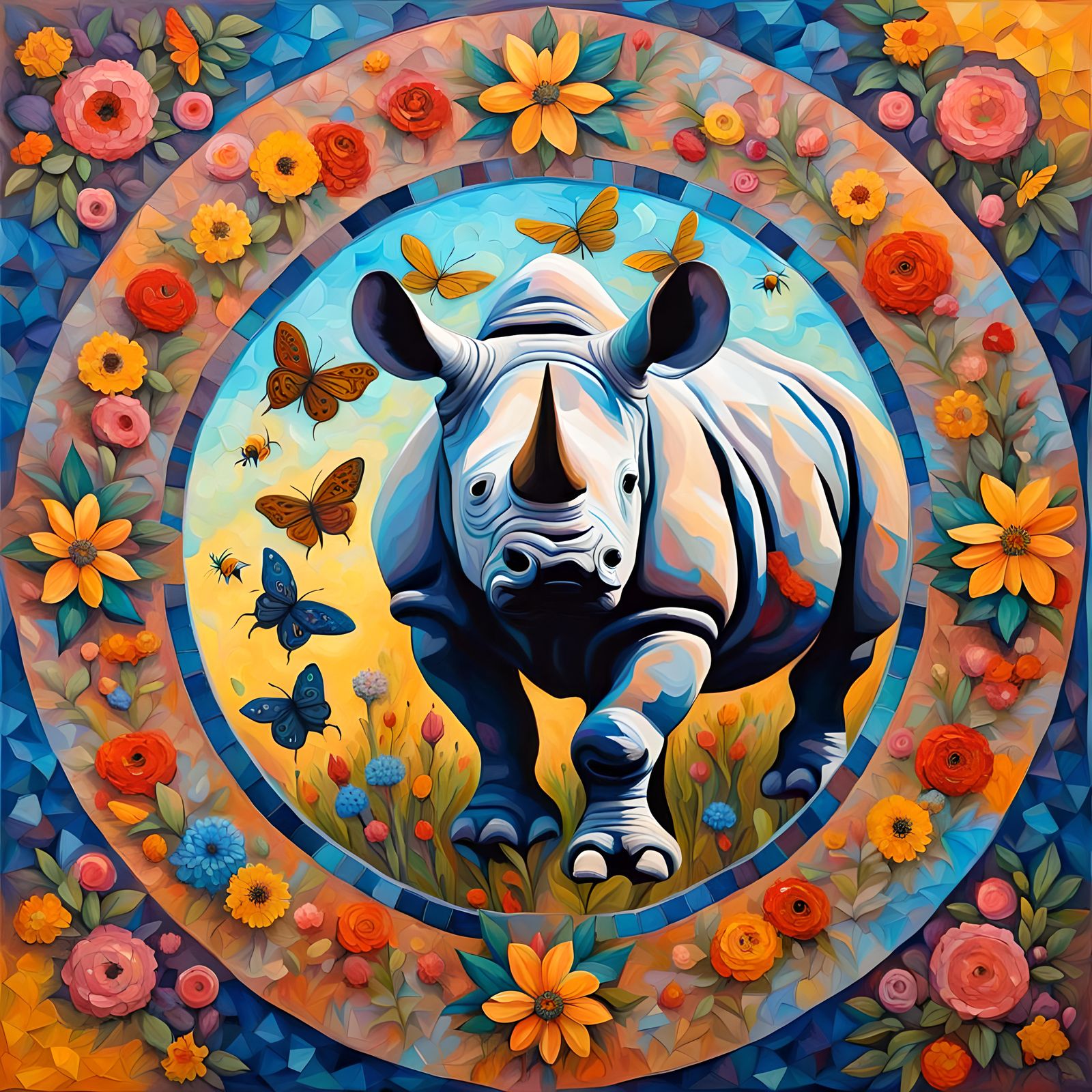 Rhino Mandala with Flowers in Expressionist Style